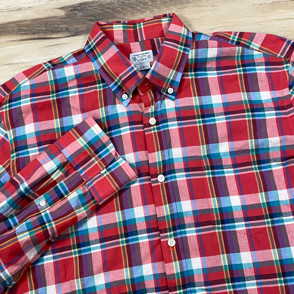 J.Crew Button Down Shirt Mens L Summer Plaid Cotton Tailored Red Preppy Classic